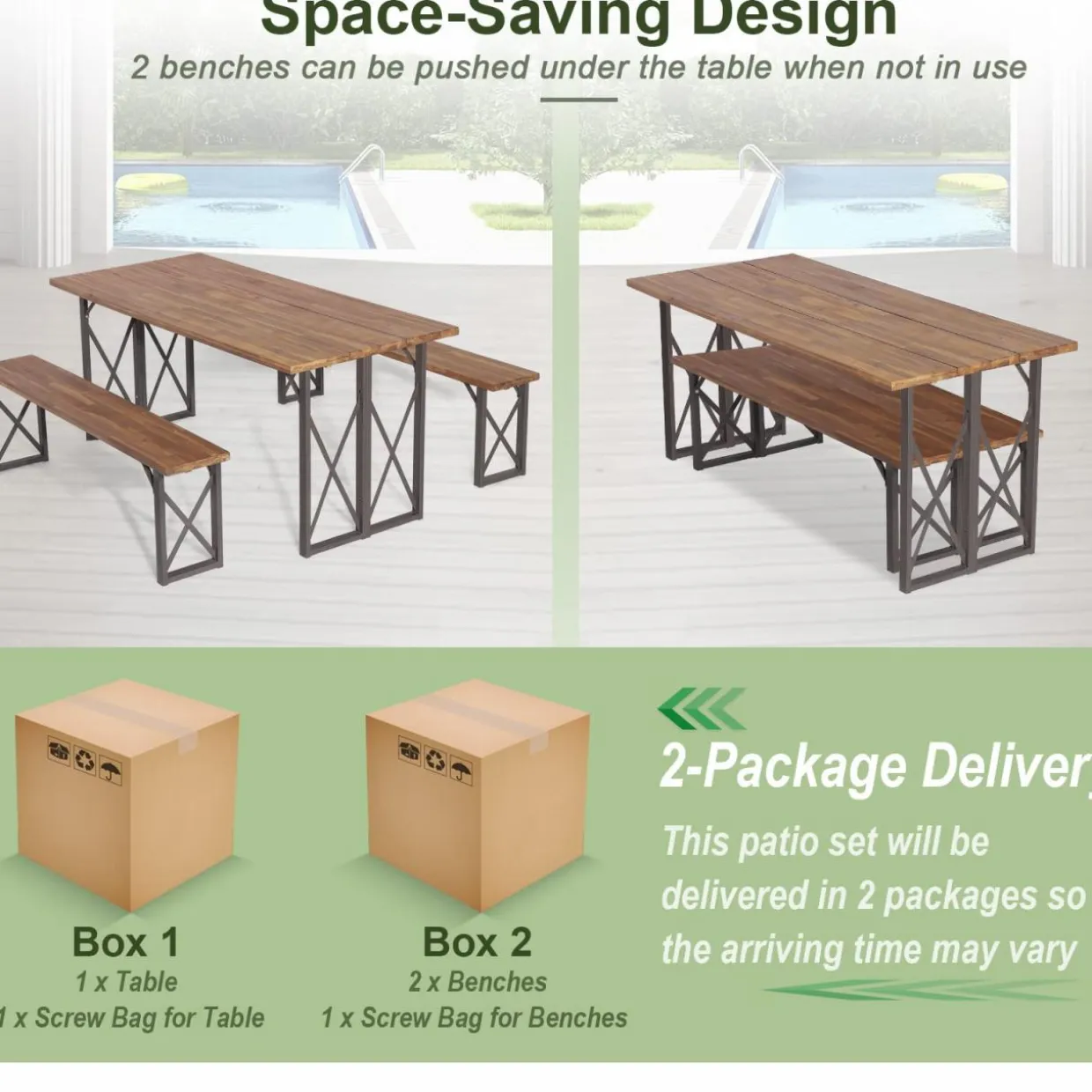 Tangkula 3 Piece Picnic Table Bench Set, Outdoor Acacia Wood Picnic Table with 2 Benches
