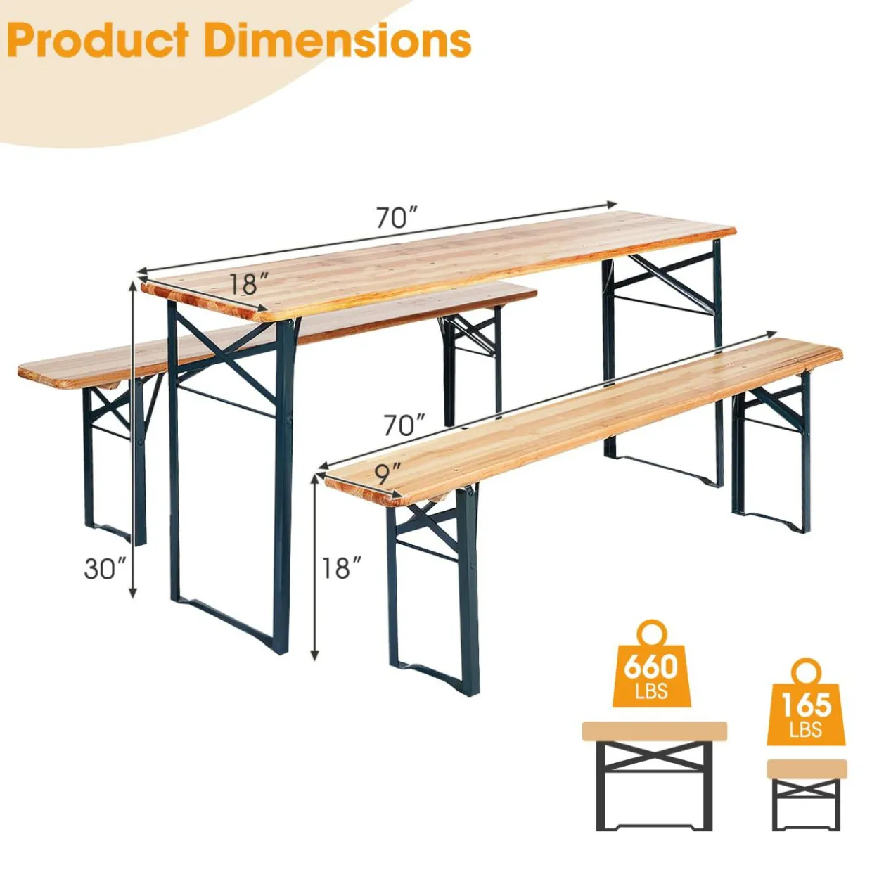 Tangkula 3 Piece Picnic Table Bench Set, Wood Picnic Table with 2 Benches with Heavy-Duty Metal Frame