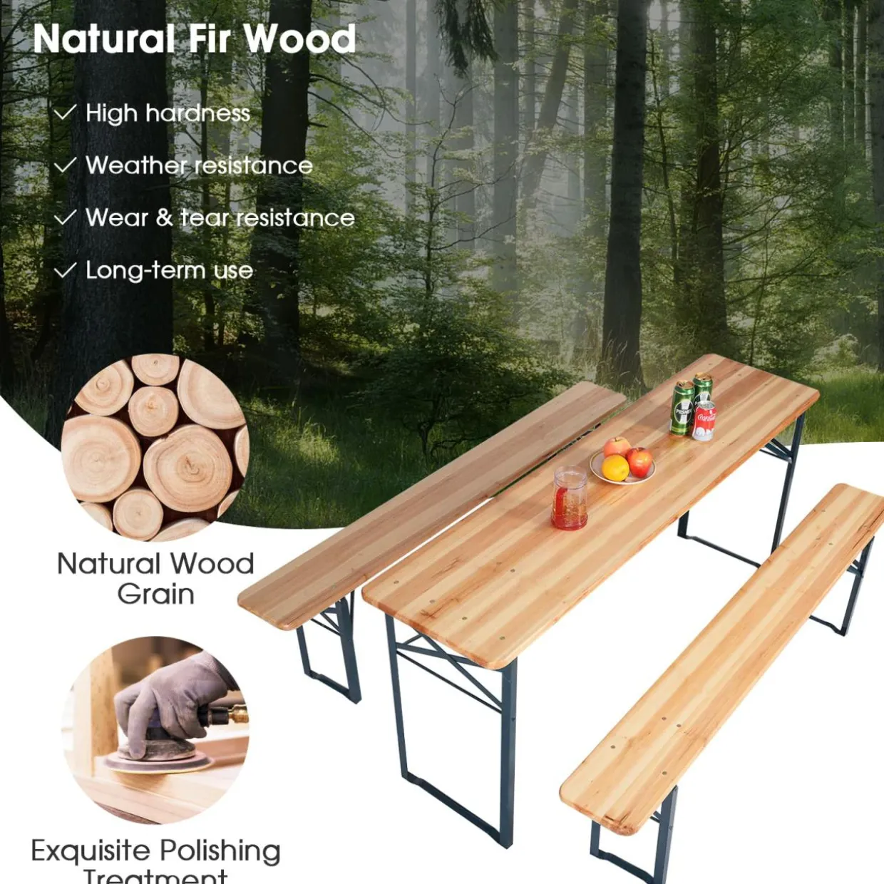 Tangkula 3 Piece Picnic Table Bench Set, Wood Picnic Table with 2 Benches with Heavy-Duty Metal Frame