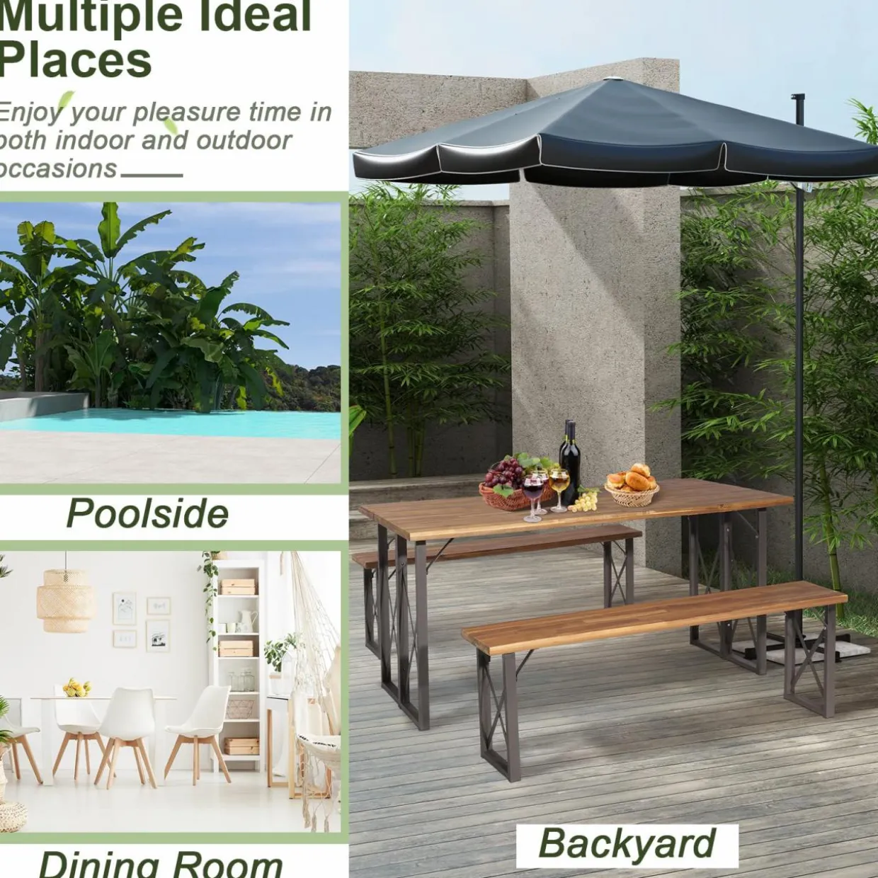 Tangkula 3 Piece Picnic Table Bench Set, Outdoor Acacia Wood Picnic Table with 2 Benches