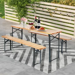 Tangkula 3 Piece Picnic Table Bench Set, Wood Picnic Table with 2 Benches with Heavy-Duty Metal Frame