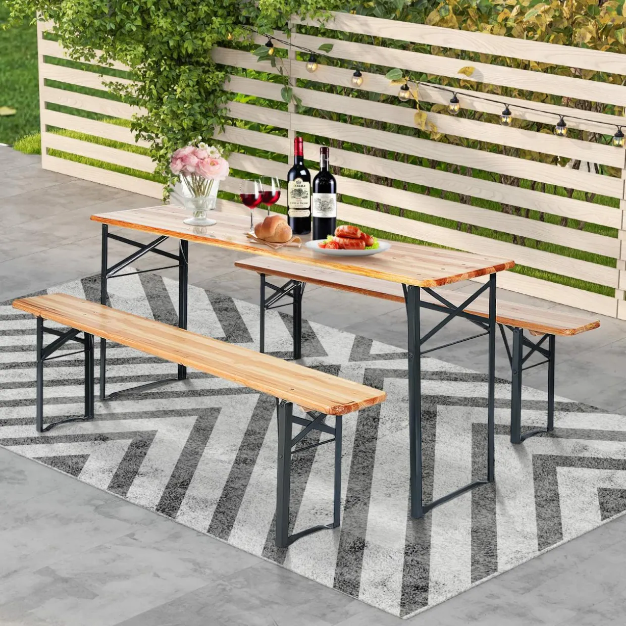 Tangkula 3 Piece Picnic Table Bench Set, Wood Picnic Table with 2 Benches with Heavy-Duty Metal Frame