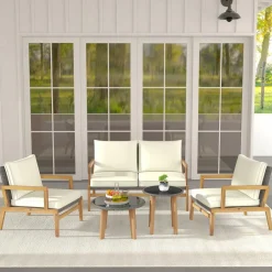 Tangkula 5 Piece Rattan Furniture Set, Patiojoy Wicker Sofa Set with Solid Acacia Wood Frame & 2 Tempered Glass Coffee Tables