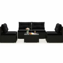 Tangkula 5 Piece Rattan Sofa Set, Outdoor Wicker Furniture Set w/Seat & Back Cushions