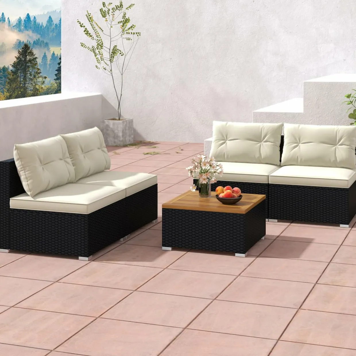 Tangkula 5 Piece Rattan Sofa Set, Patiojoy Outdoor Wicker Furniture Set with Seat & Back Cushions