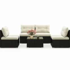 Tangkula 5 Piece Rattan Sofa Set, Outdoor Wicker Furniture Set w/Seat & Back Cushions