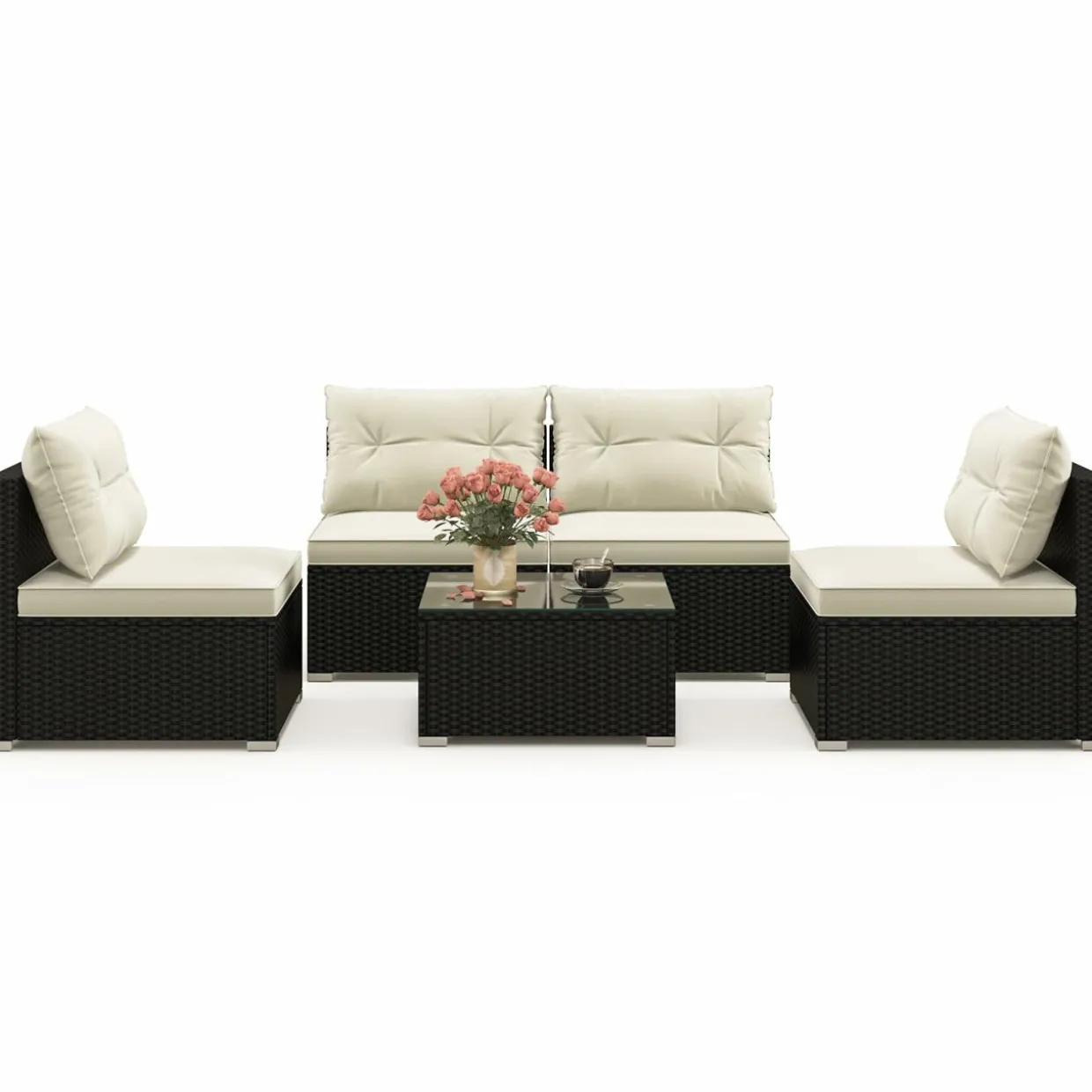 Tangkula 5 Piece Rattan Sofa Set, Patiojoy Outdoor Wicker Furniture Set with Seat & Back Cushions