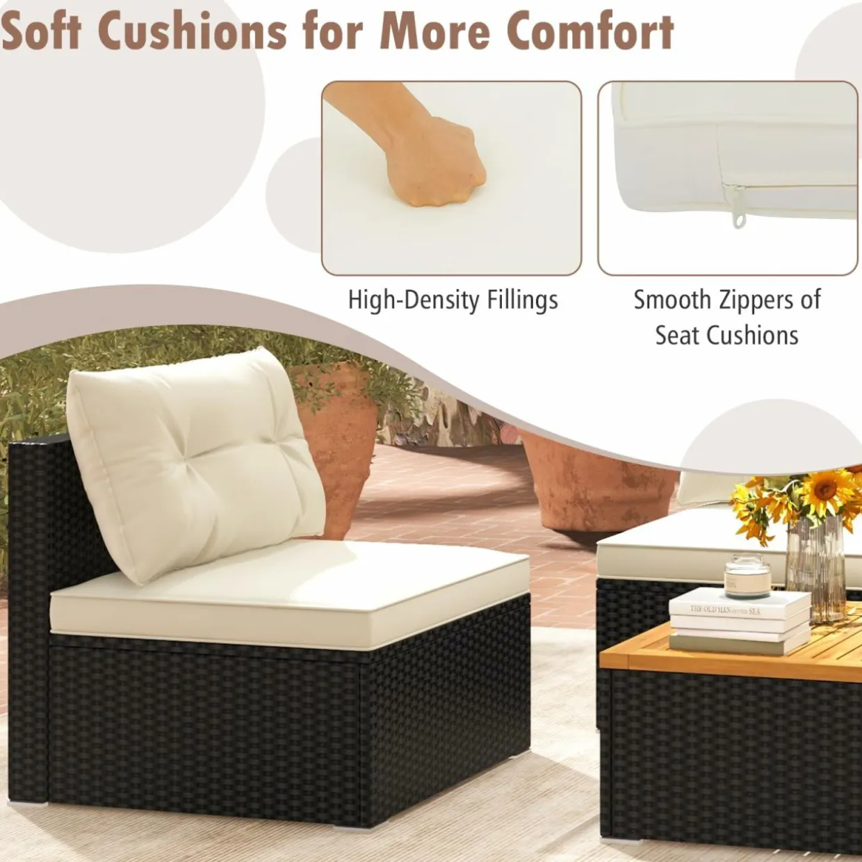 Tangkula 5 Piece Rattan Sofa Set, Patiojoy Outdoor Wicker Furniture Set with Seat & Back Cushions