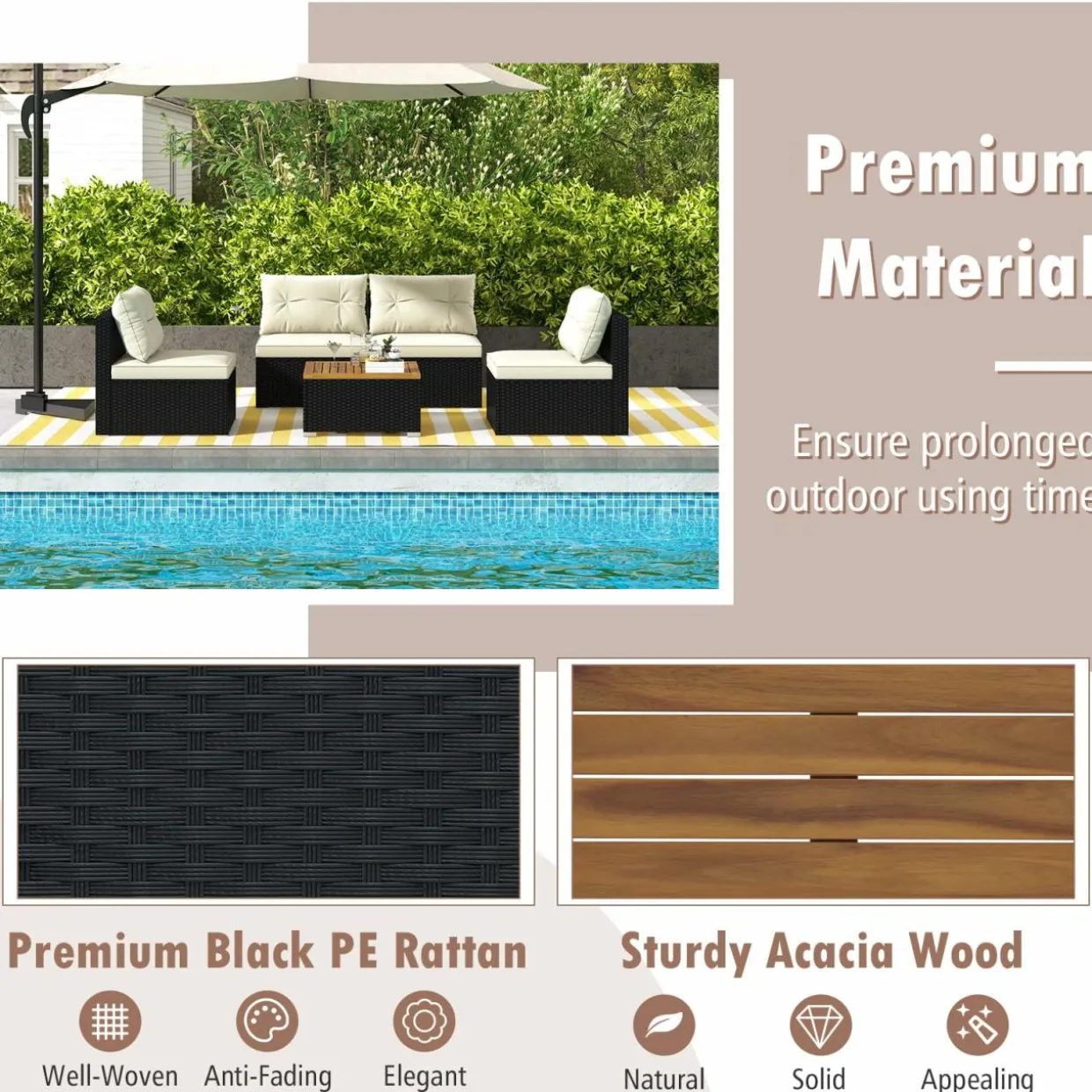 Tangkula 5 Piece Rattan Sofa Set, Patiojoy Outdoor Wicker Furniture Set with Seat & Back Cushions