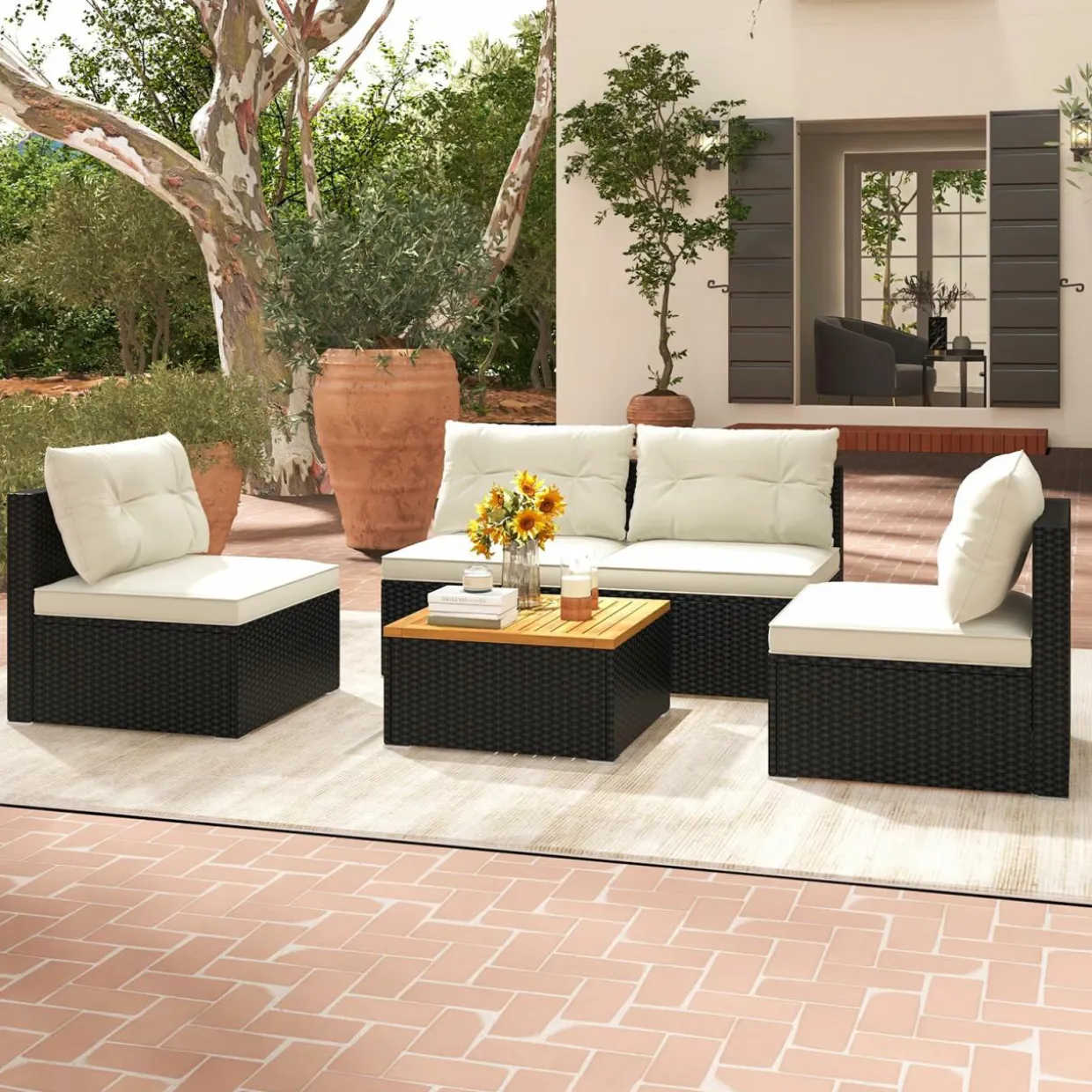 Tangkula 5 Piece Rattan Sofa Set, Patiojoy Outdoor Wicker Furniture Set with Seat & Back Cushions