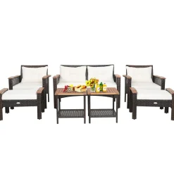 Tangkula 7 Piece Wicker Patio Furniture Set, Patiojoy Acacia Wood Patio Conversation Set (Off White)