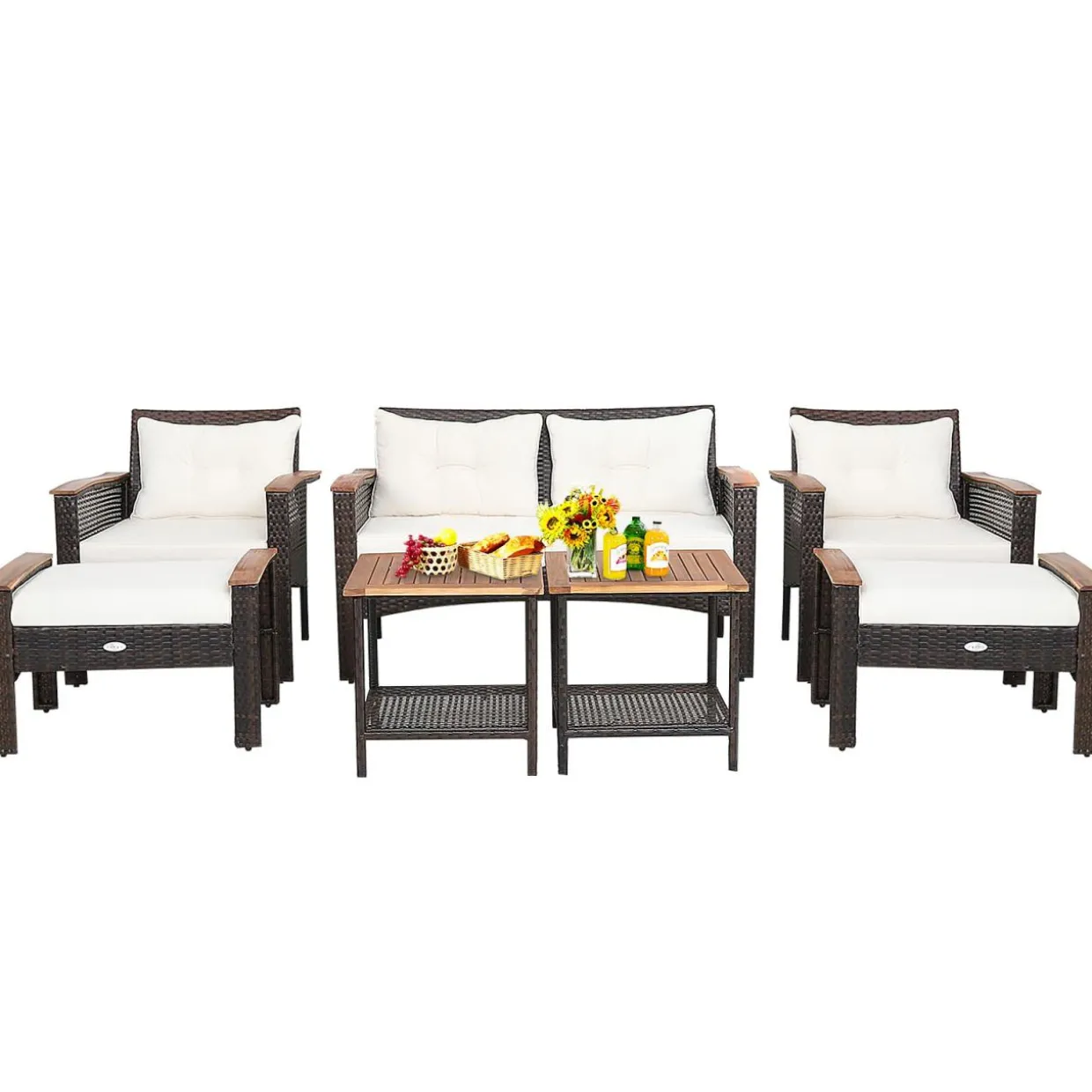 Tangkula 7 Piece Wicker Patio Furniture Set, Patiojoy Acacia Wood Patio Conversation Set (Off White)