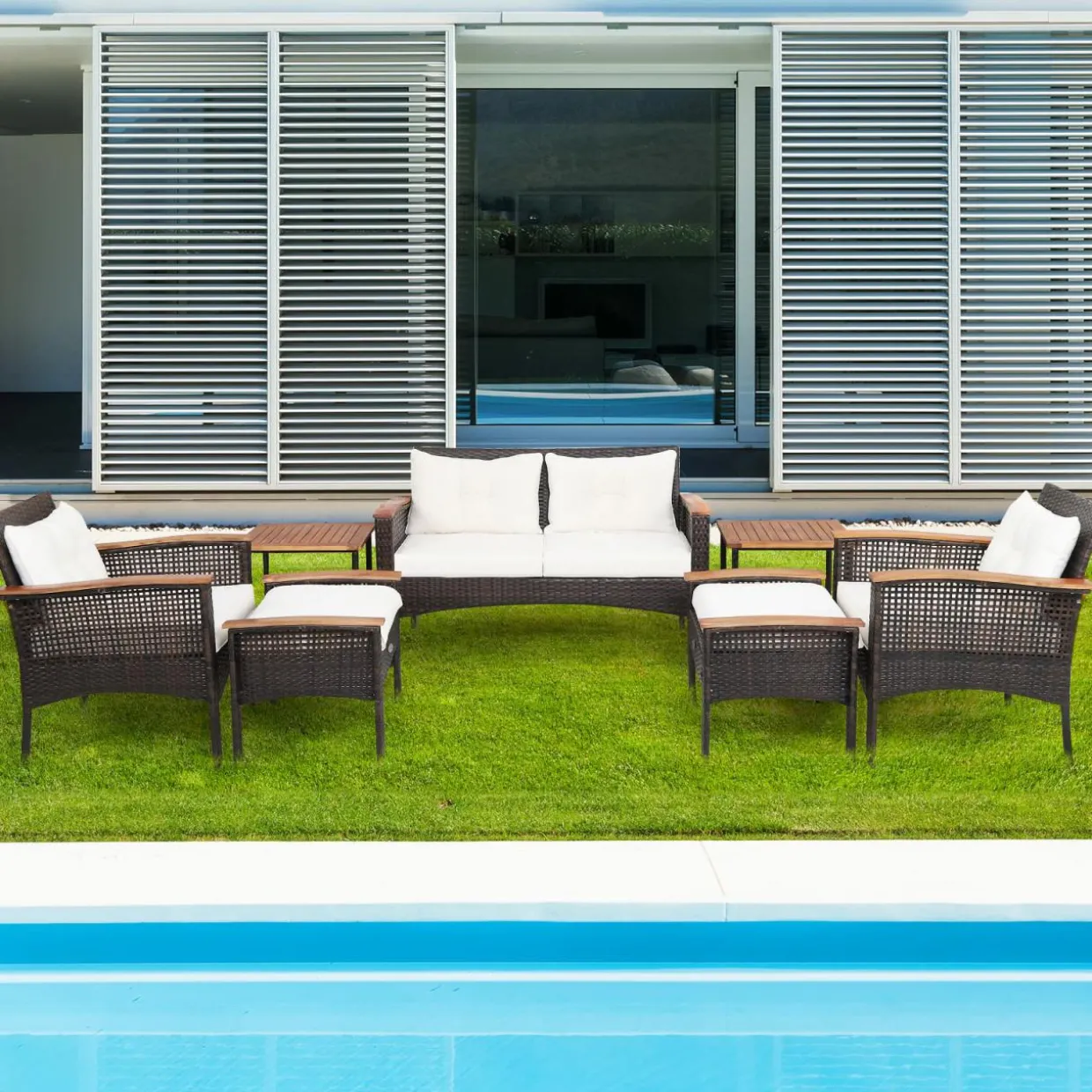 Tangkula 7 Piece Wicker Patio Furniture Set, Patiojoy Acacia Wood Patio Conversation Set (Off White)