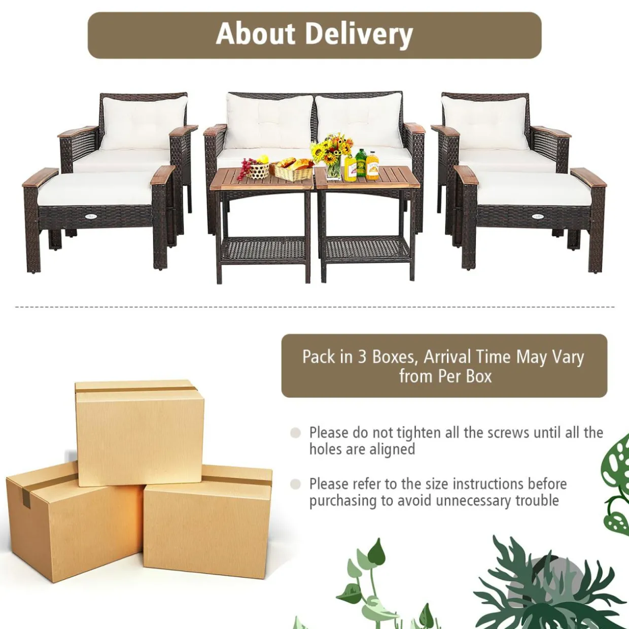 Tangkula 7 Piece Wicker Patio Furniture Set, Patiojoy Acacia Wood Patio Conversation Set (Off White)