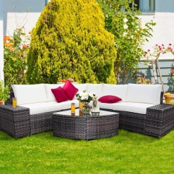 Tangkula 6 Piece Wicker Patio Furniture Set, Outdoor All Weather PE Rattan Conversation Set