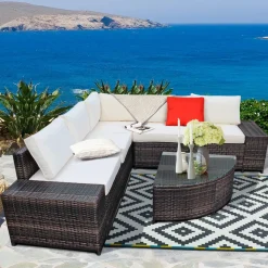 Tangkula 6 Piece Wicker Patio Furniture Set, Outdoor All Weather PE Rattan Conversation Set