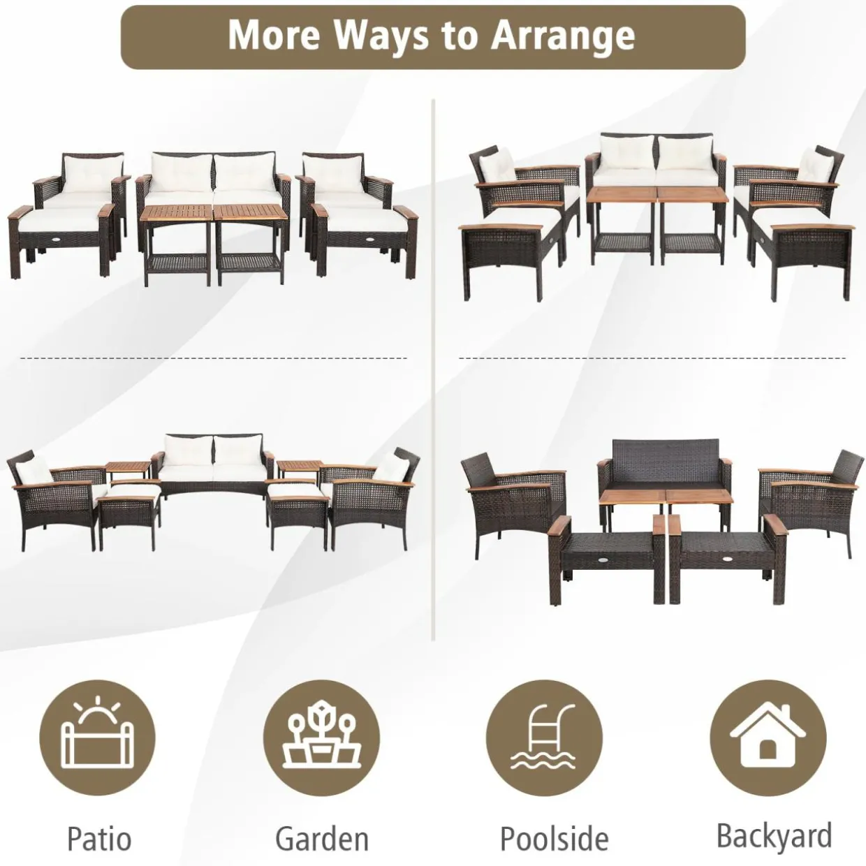 Tangkula 7 Piece Wicker Patio Furniture Set, Patiojoy Acacia Wood Patio Conversation Set (Off White)