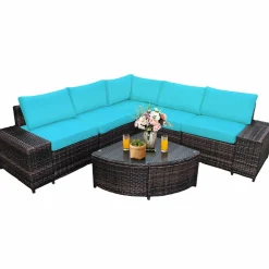 Tangkula 6 Piece Wicker Patio Furniture Set, Outdoor All Weather PE Rattan Conversation Set