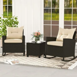 Tangkula 3 Piece Wicker Rocking Set, Patio Rattan Roker Chairs with Tempered Glass Table & Soft Cushions