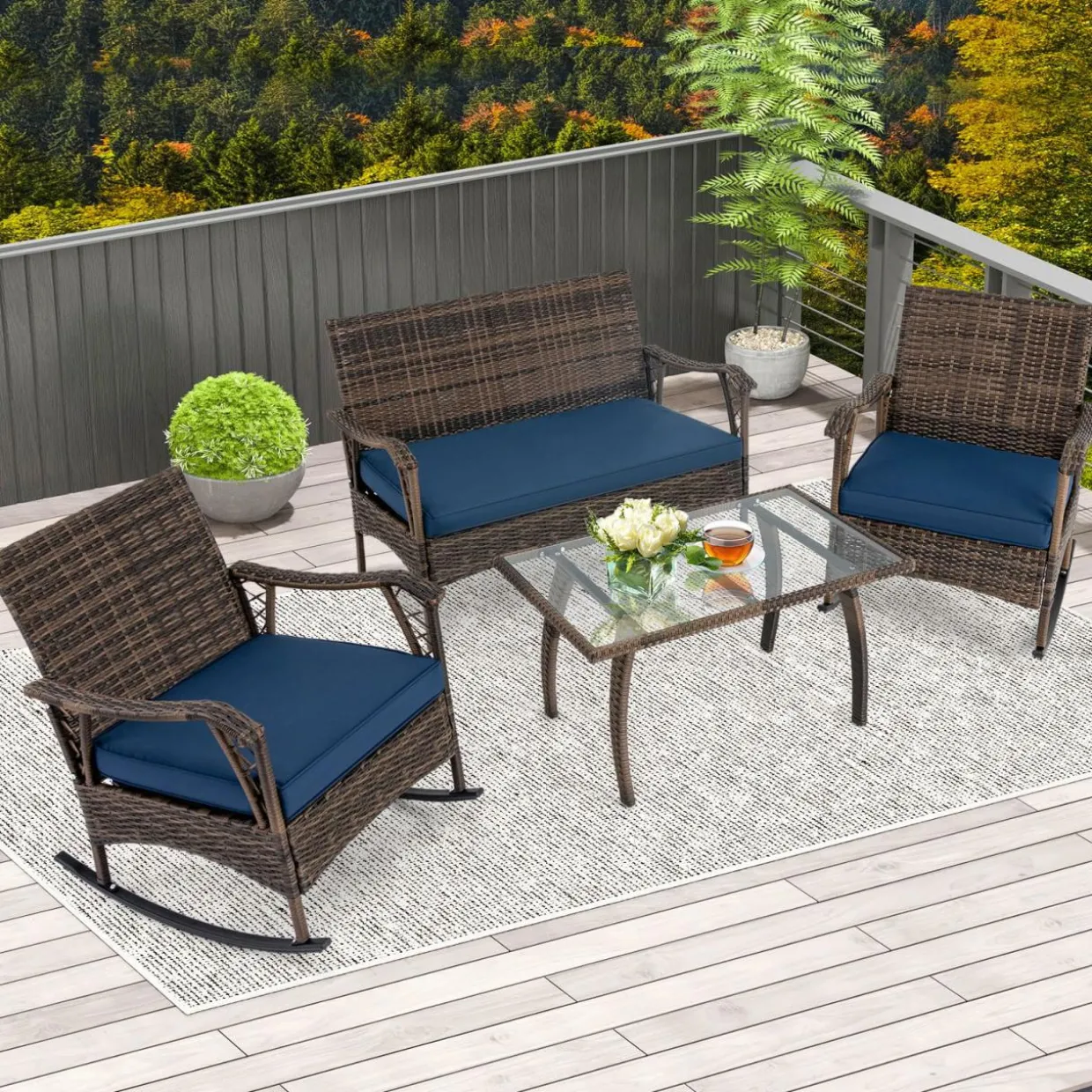 Tangkula 4 Piece Wicker Rocking Set, 2 Patio Rattan Rocker Chairs w/Loveseat & Coffee Table, Heavy-Duty Metal Frame & Bungee Rope Seat