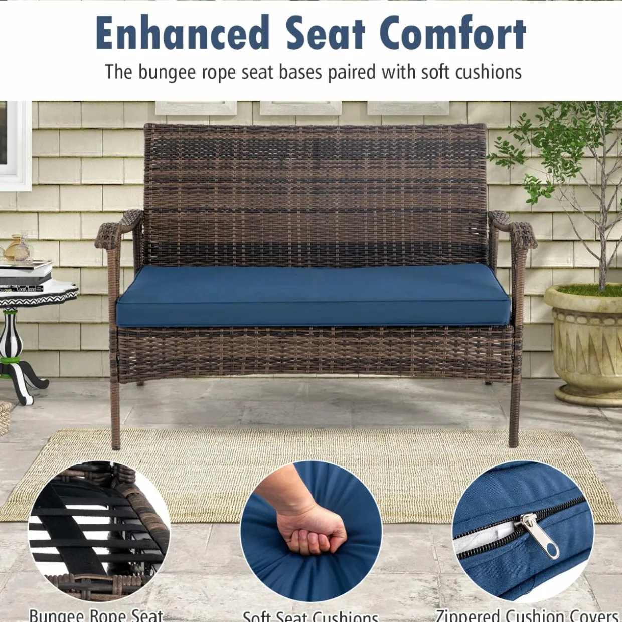 Tangkula 4 Piece Wicker Rocking Set, 2 Patio Rattan Rocker Chairs w/Loveseat & Coffee Table, Heavy-Duty Metal Frame & Bungee Rope Seat