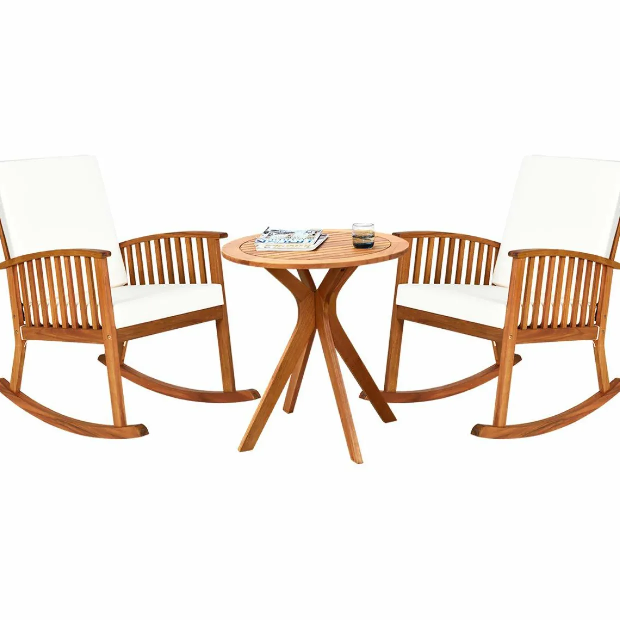 Tangkula 3 Piece Wood Patio Rocking Chair Set, Outdoor Acacia Wood Rocker Set with Round Table