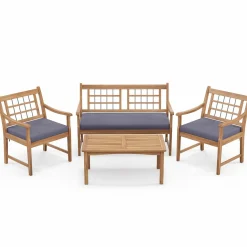 Tangkula 4 Piece Wood Patio Furniture Set, Outdoor Conversation Set w/Soft Seat Cushions