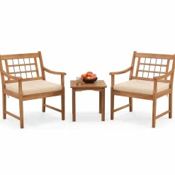 Tangkula 3 Piece Wood Patio Furniture Set, Outdoor Bistro Set w/Soft Seat Cushions