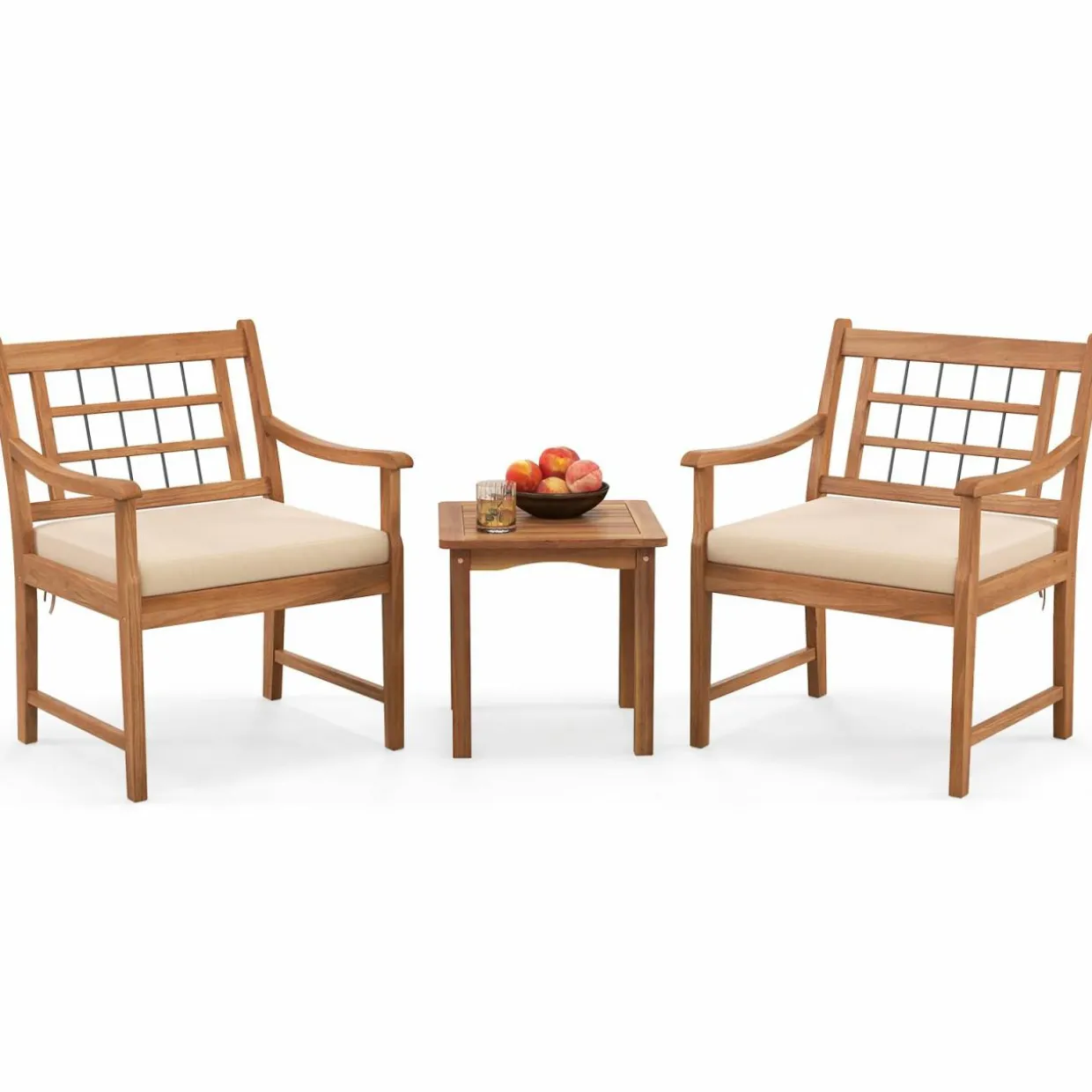 Tangkula 3 Piece Wood Patio Furniture Set, Outdoor Bistro Set w/Soft Seat Cushions