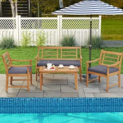 Tangkula 4 Piece Wood Patio Furniture Set, Outdoor Conversation Set w/Soft Seat Cushions
