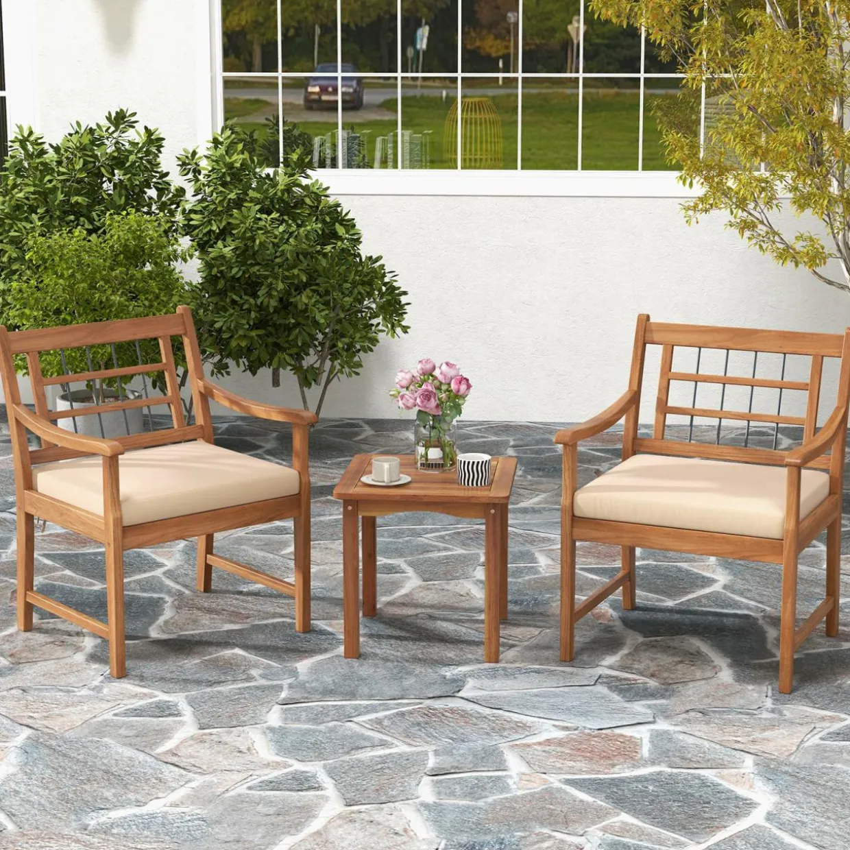Tangkula 3 Piece Wood Patio Furniture Set, Outdoor Bistro Set w/Soft Seat Cushions
