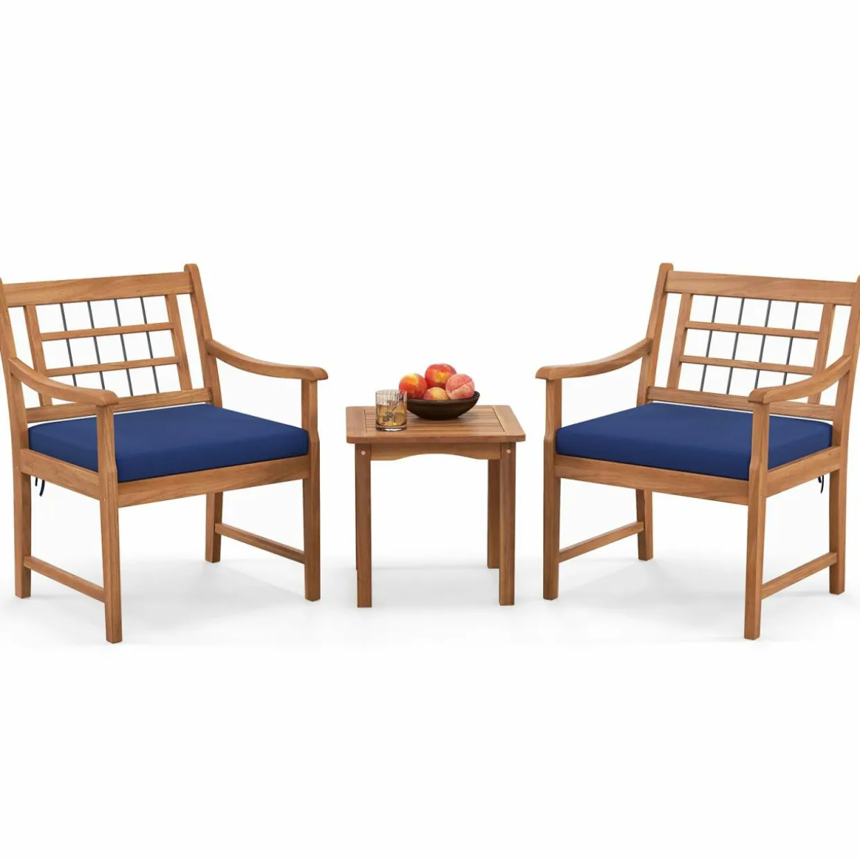 Tangkula 3 Piece Wood Patio Furniture Set, Outdoor Bistro Set w/Soft Seat Cushions