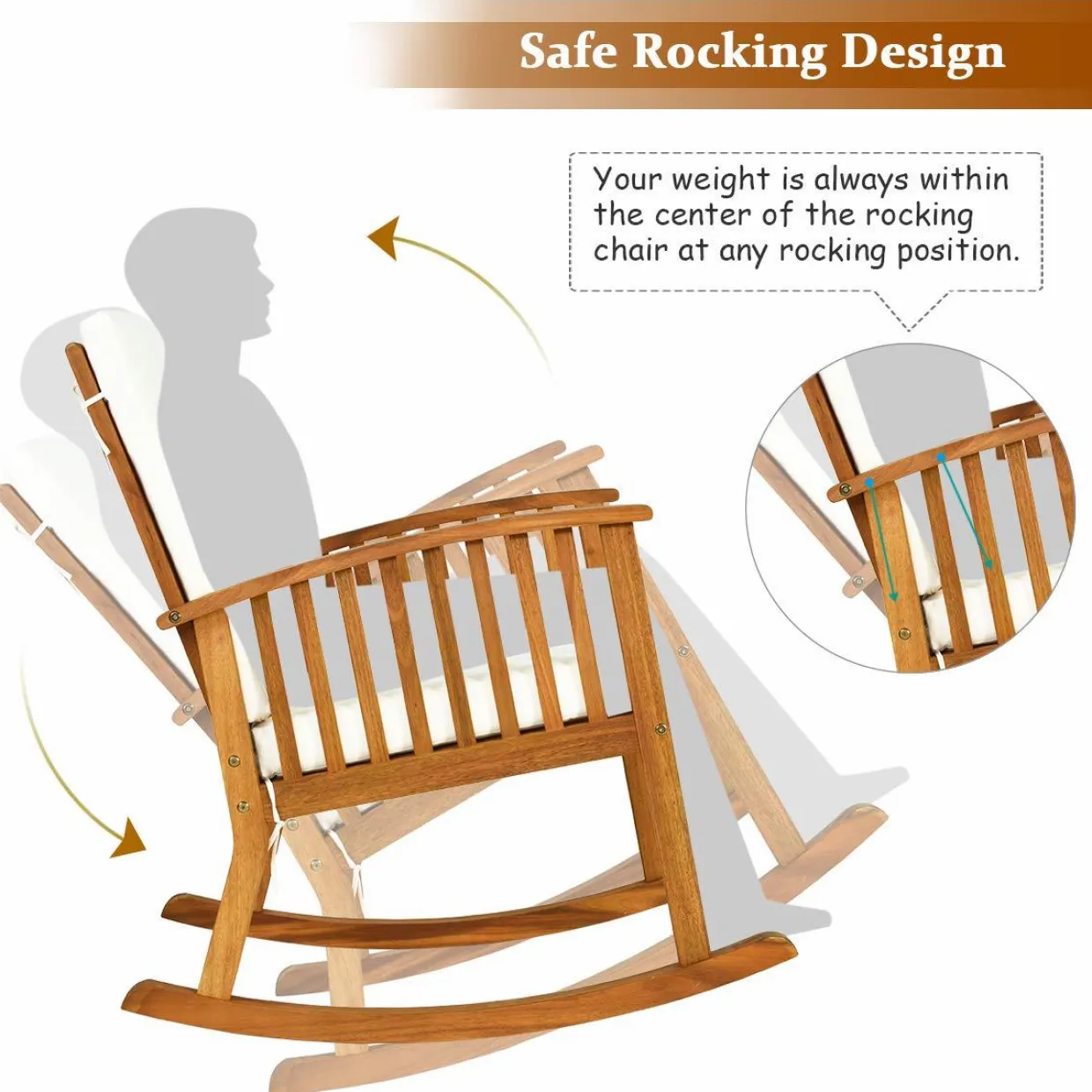 Tangkula 3 Piece Wood Patio Rocking Chair Set, Outdoor Acacia Wood Rocker Set with Round Table