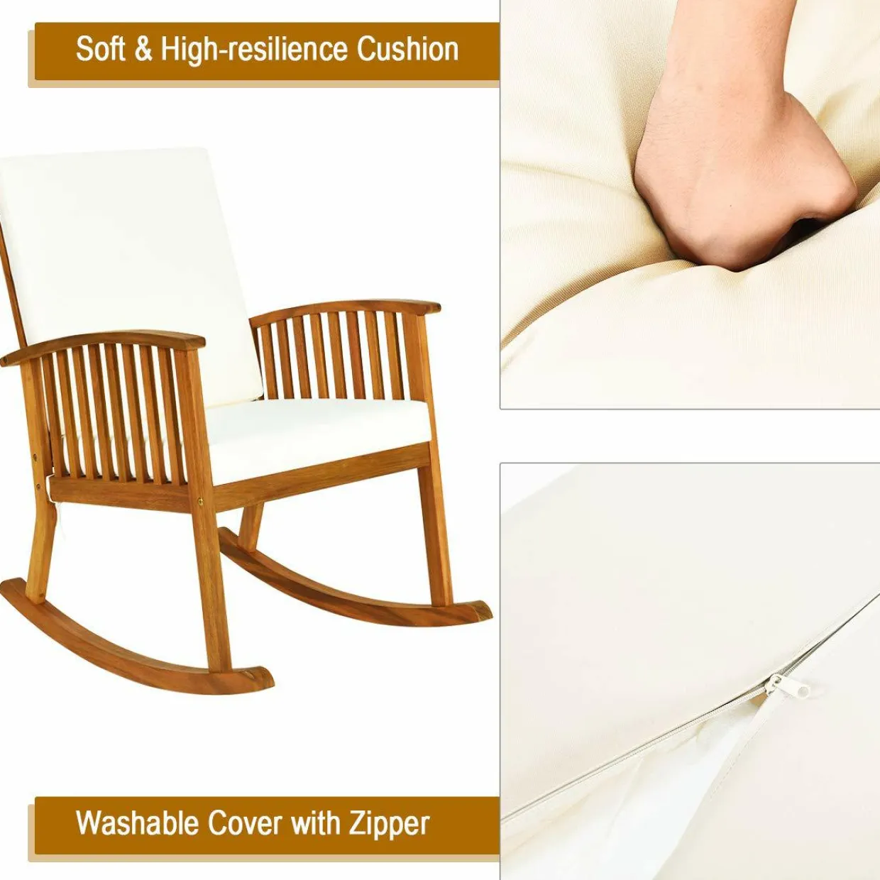 Tangkula 3 Piece Wood Patio Rocking Chair Set, Outdoor Acacia Wood Rocker Set with Round Table