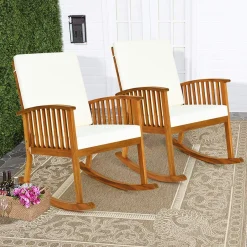 Tangkula 3 Piece Wood Patio Rocking Chair Set, Outdoor Acacia Wood Rocker Set with Round Table