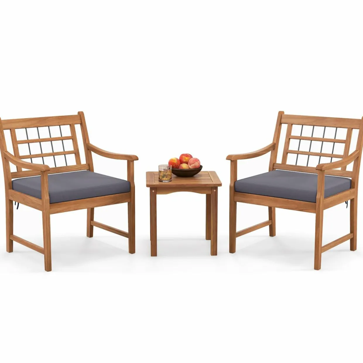 Tangkula 3 Piece Wood Patio Furniture Set, Outdoor Bistro Set w/Soft Seat Cushions