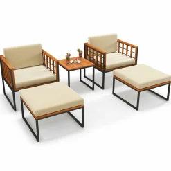 Tangkula 5 Pieces Acacia Wood Patio Furniture Set with Ottomans, Outdoor Conversation Set