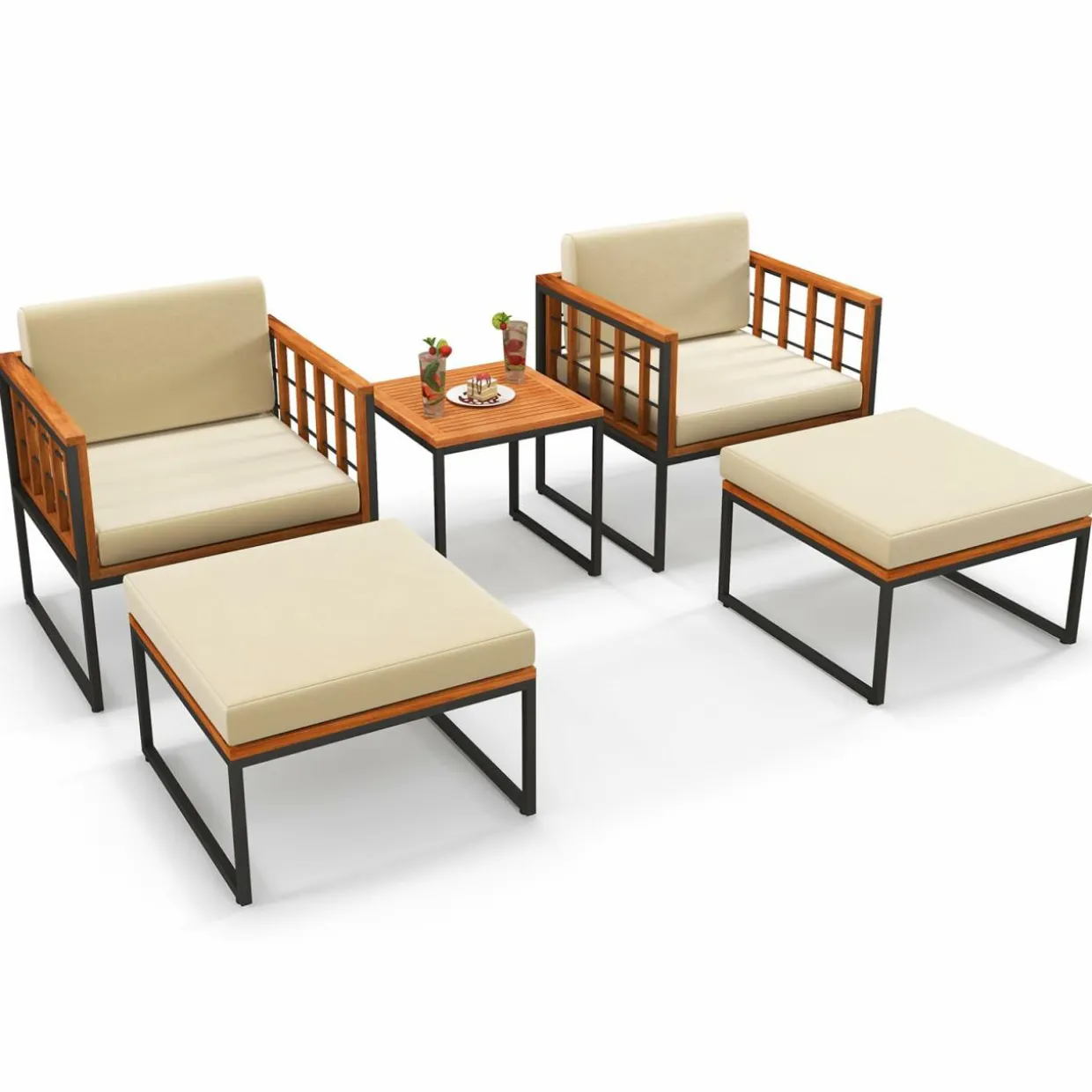 Tangkula 5 Pieces Acacia Wood Patio Furniture Set with Ottomans, Outdoor Conversation Set