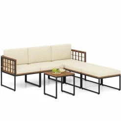 Tangkula 6 Pieces Acacia Wood Patio Furniture Set, Patiojoy Outdoor Sectional Conversation Sofa Set with Cushions