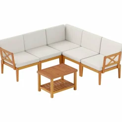 Tangkula 6 Pieces Acacia Wood Patio Furniture Set, Outdoor Sectional Conversation Set with Cushions and 2-Tier Coffee Table