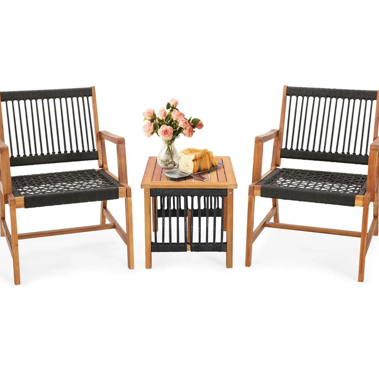 Tangkula 3 Pieces Acacia Wood Outdoor Furniture Set, All-Weather Rope Woven Bistro Set with Armchairs and Coffee Table