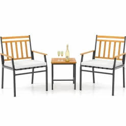 Tangkula 3 Pieces Acacia Wood Bistro Set, Patio Conversation Set with Cushions and Coffee Table
