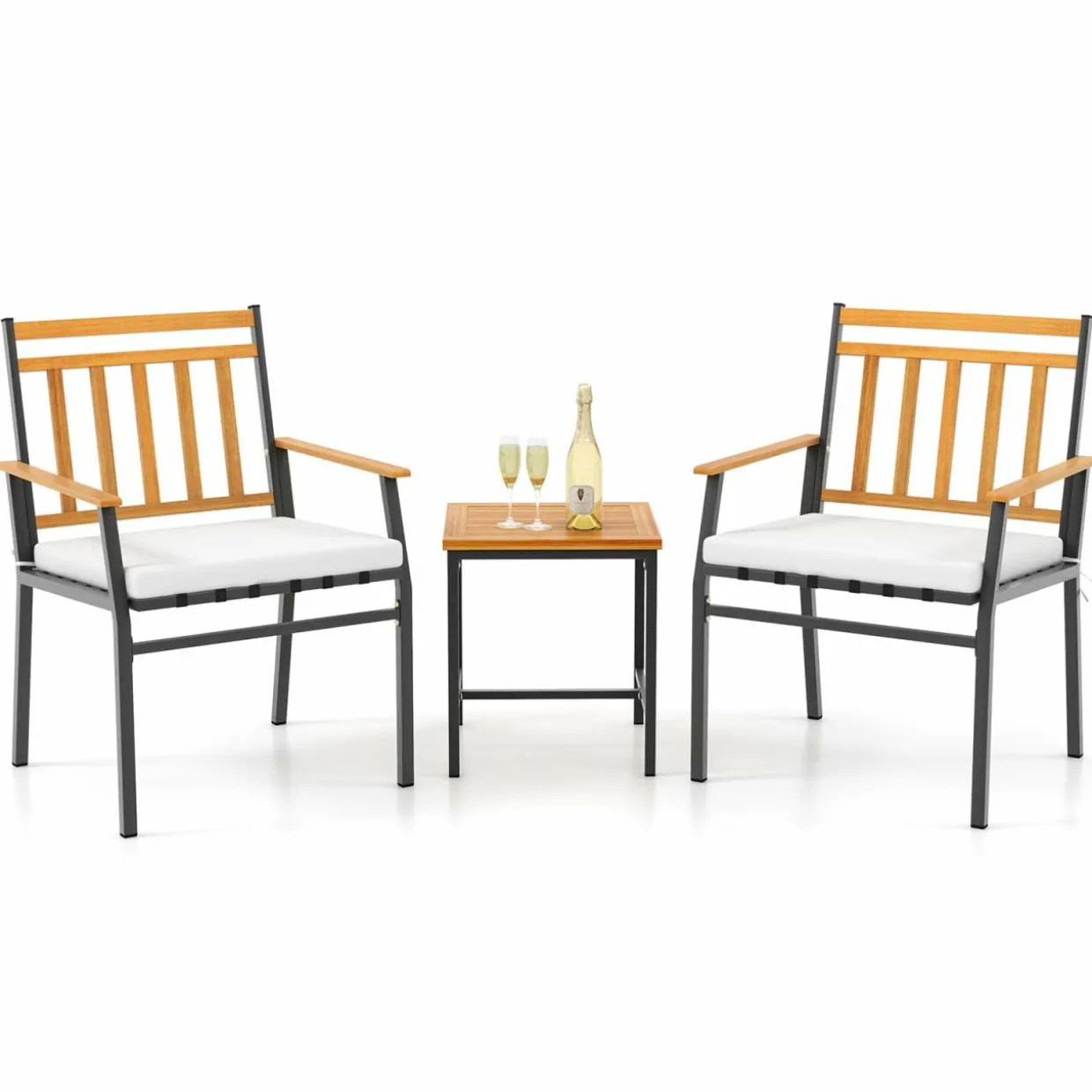 Tangkula 3 Pieces Acacia Wood Bistro Set, Patio Conversation Set with Cushions and Coffee Table
