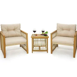 Tangkula 3 Pieces Acacia Wood Patio Furniture Set, PE Wicker Bistro Set with Cushioned Chairs and Coffee Table