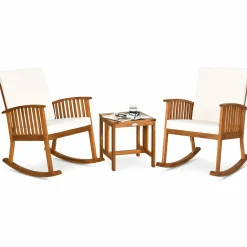 Tangkula 3 Pieces Acacia Wood Rocking Bistro Set, Rocker Chairs Conversation Set with Coffee Table and Cushions for Lawn, Balcony, Backyard