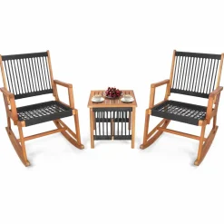 Tangkula 3 Pieces Acacia Wood Rocking Bistro Set, All-Weather Rope Woven Patio Furniture Set with Coffee Table