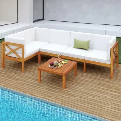 Tangkula 6 Pieces Acacia Wood Patio Furniture Set, Outdoor Sectional Conversation Set with Cushions and Coffee Table