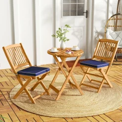 Tangkula 3 Pieces Acacia Wood Patio Folding Bistro Set, Outdoor Table and Chairs Set with Soft Cushions