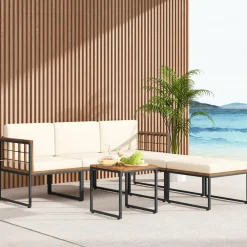 Tangkula 6 Pieces Acacia Wood Patio Furniture Set, Patiojoy Outdoor Sectional Conversation Sofa Set with Cushions