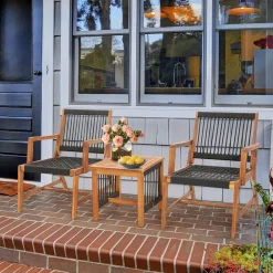 Tangkula 3 Pieces Acacia Wood Outdoor Furniture Set, All-Weather Rope Woven Bistro Set with Armchairs and Coffee Table